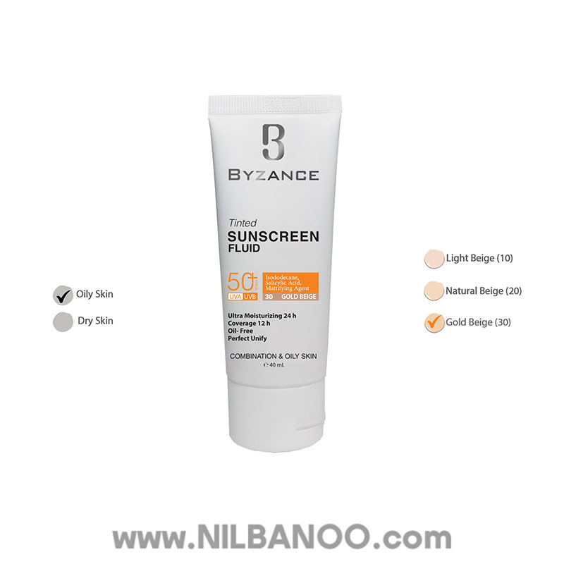 فلوئید ضدآفتاب رنگی SPF50 بیزانس شماره 30 مناسب پوست چرب و مختلط